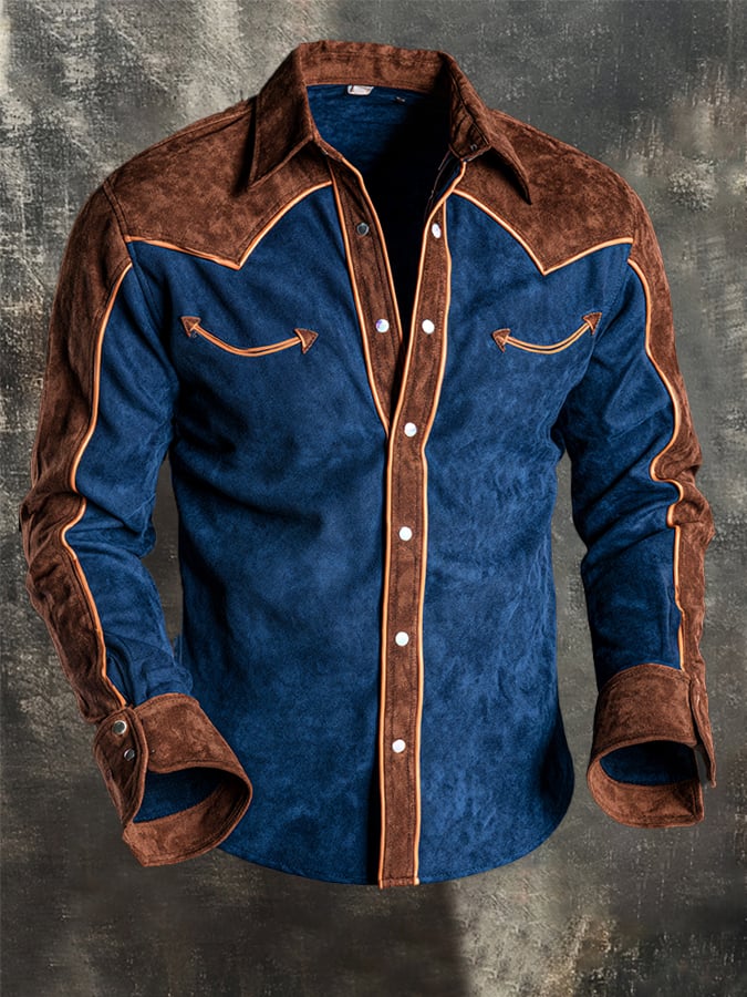 Men's Vintage Color-Block Faux Suede Western Shirt