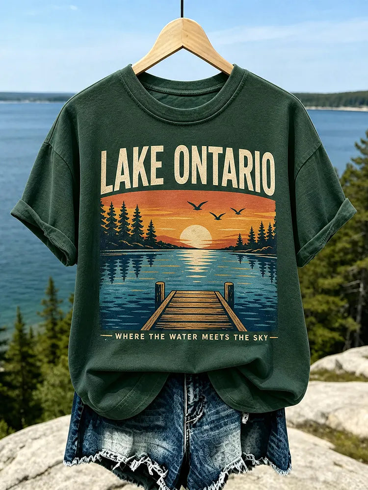 Women's Casual Crewneck T-shirt In Dark Green With Lake Ontario Sunset, Wooden Pier, And "where The Water Meets The Sky" Print