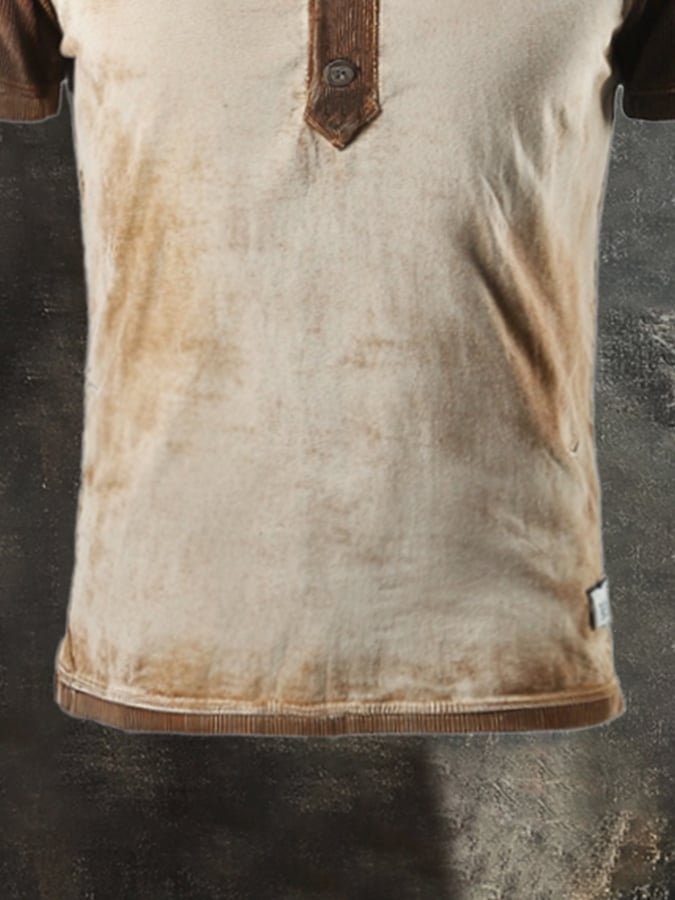 Men's Vintage Color Block Cotton Casual Henley Short Sleeve T-Shirt