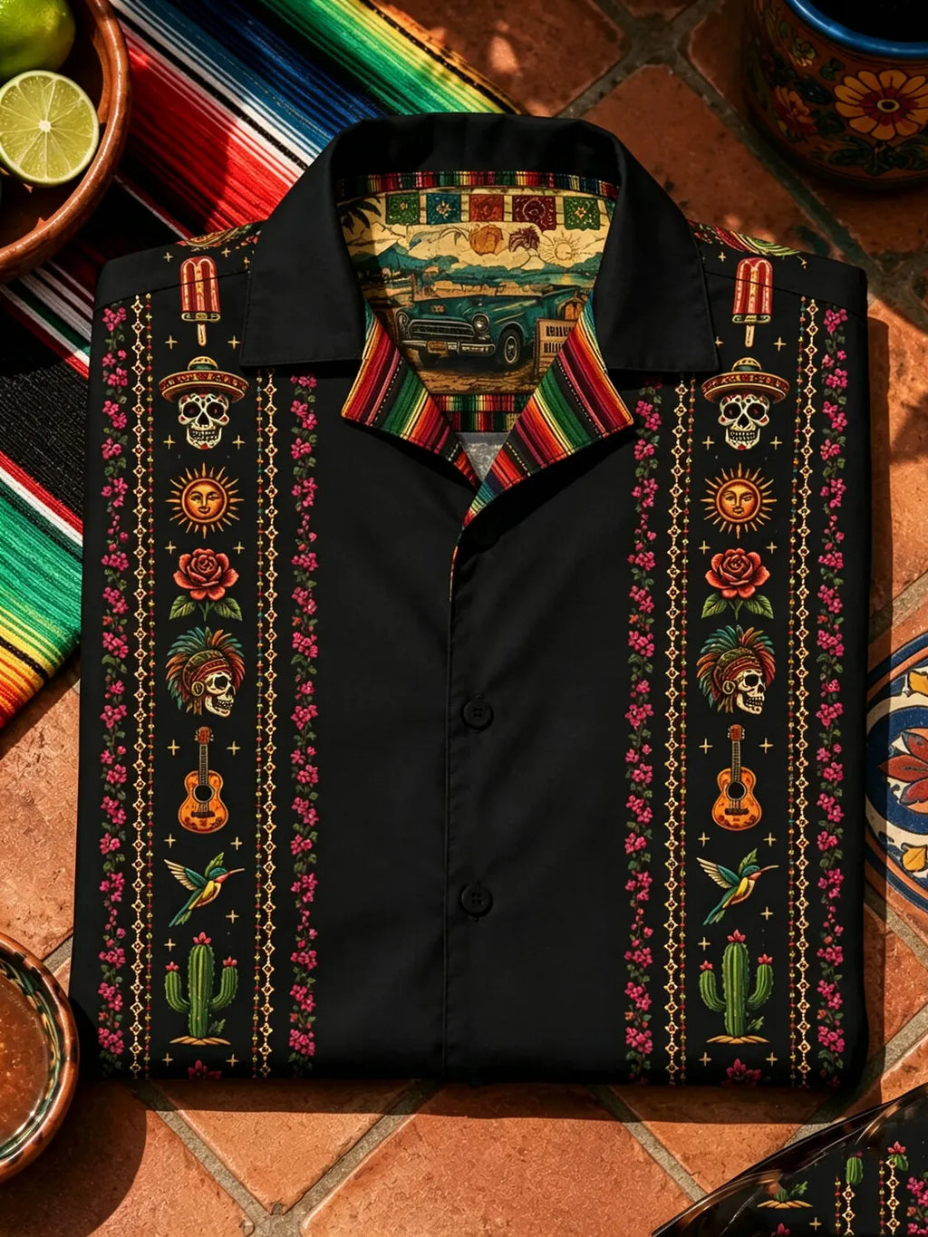 Men's Day Of The Dead Skull Rose Cactus Vertical Stripe Print Cuban Collar Short Sleeve Shirt