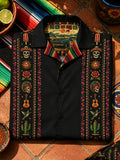 Men's Day Of The Dead Skull Rose Cactus Vertical Stripe Print Cuban Collar Short Sleeve Shirt