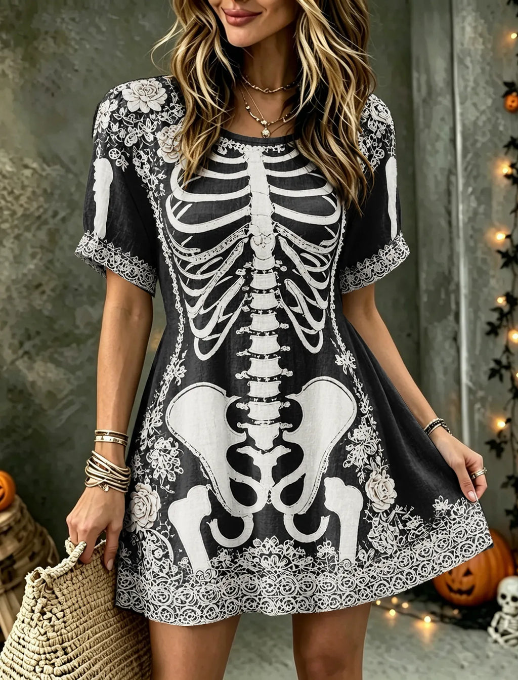 Women's Vintage Halloween Rose And Human Skeleton Art Crew Neck Short Sleeve Mini Dress
