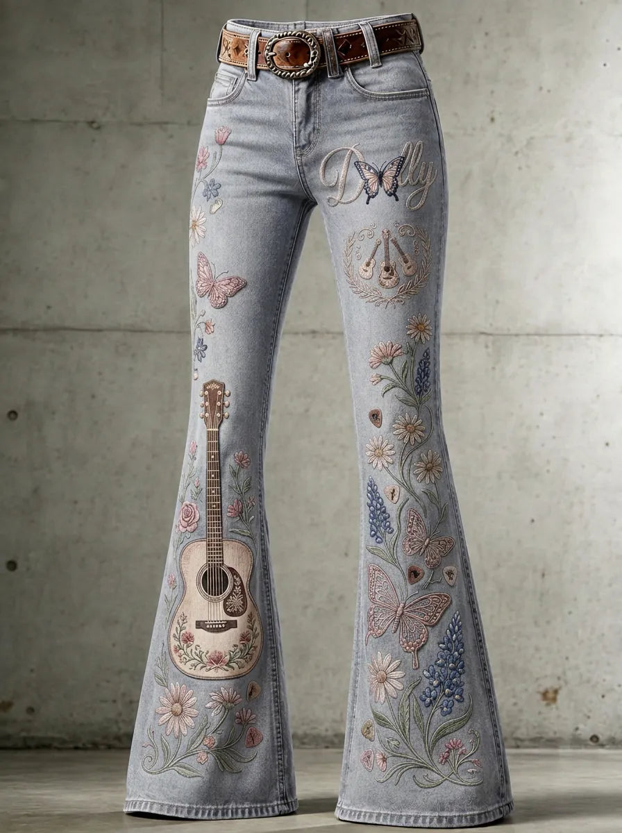 Women's Dolly Parton Guitar Butterfly Floral Printed Flare Jeans