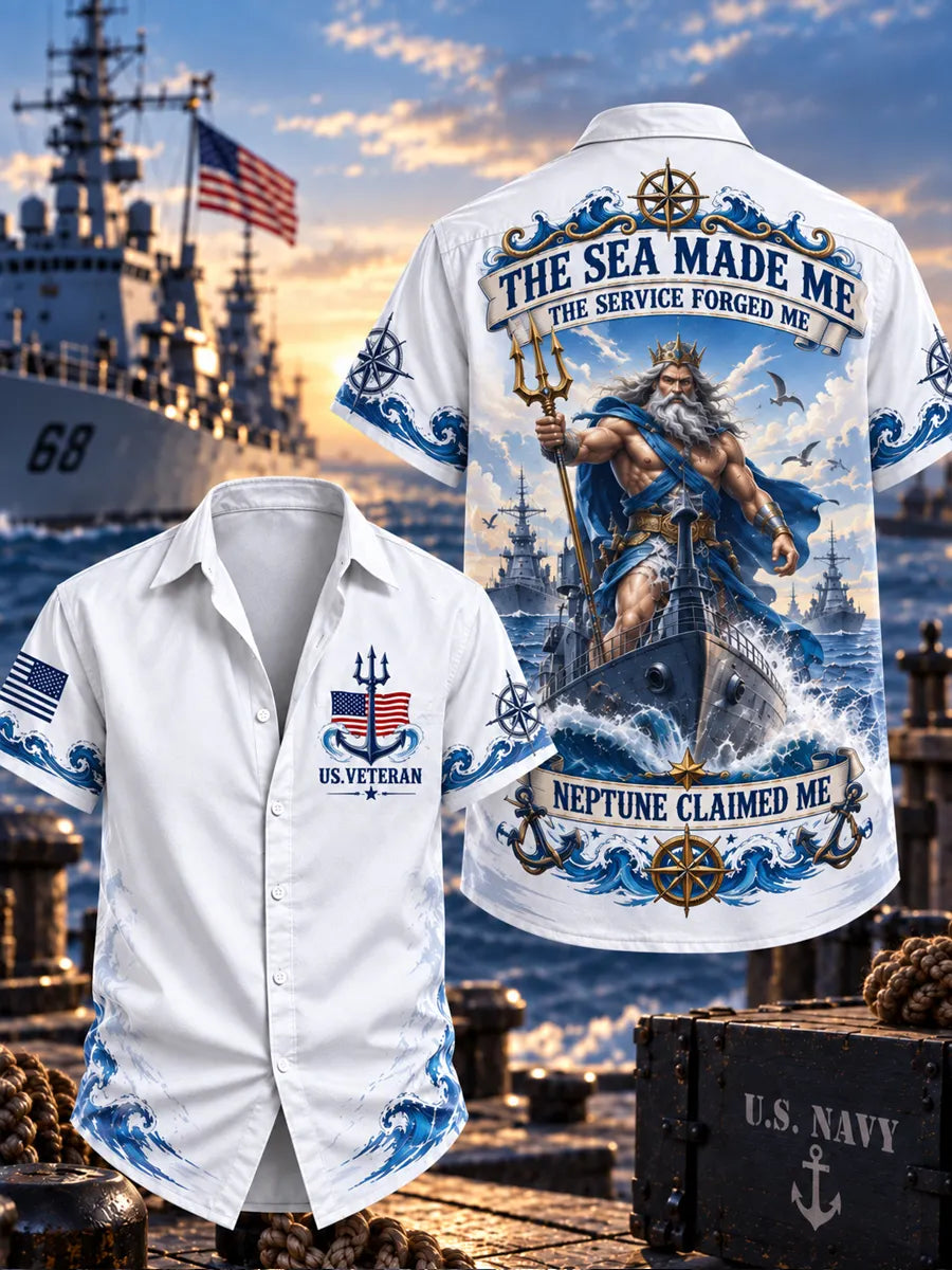 Men’s Veteran “THE SEA MADE ME THE SERVICE FORGED ME NEPTUNE CLAIMED ME” Printed Short Sleeve Shirt