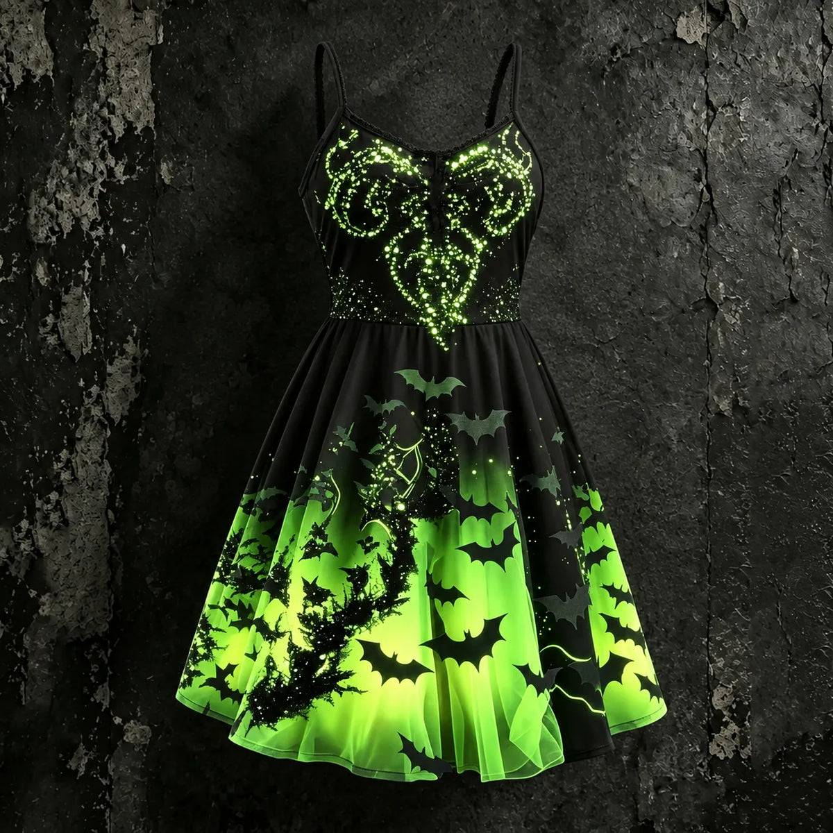 Women's Retro Halloween Flame Bat Floral Print Hoodie Suspender Dress Two-piece Set