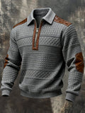 Men's Retro Color-Block Leather Half-Zip Long-Sleeve Polo Sweatshirt