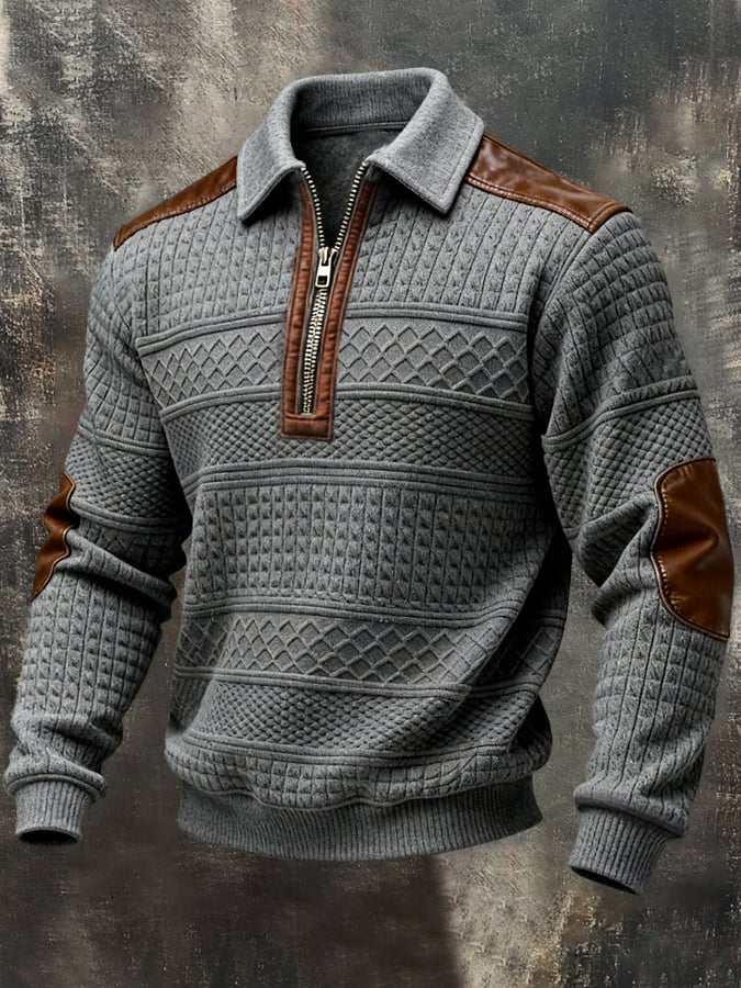 Men's Retro Color-Block Leather Half-Zip Long-Sleeve Polo Sweatshirt
