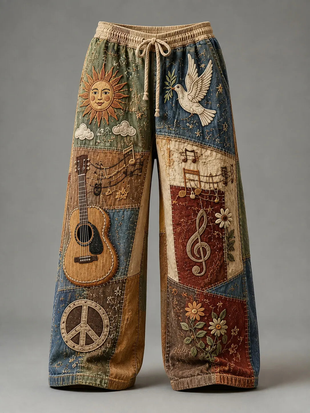 Men's Hippie Treble Clef Guitar Sun Bloom Dove Peace Symbol Print Pants