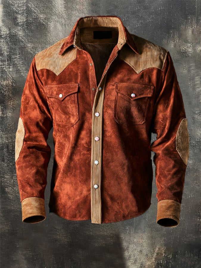 Men's Vintage Color-Block Faux Suede Western Shirt