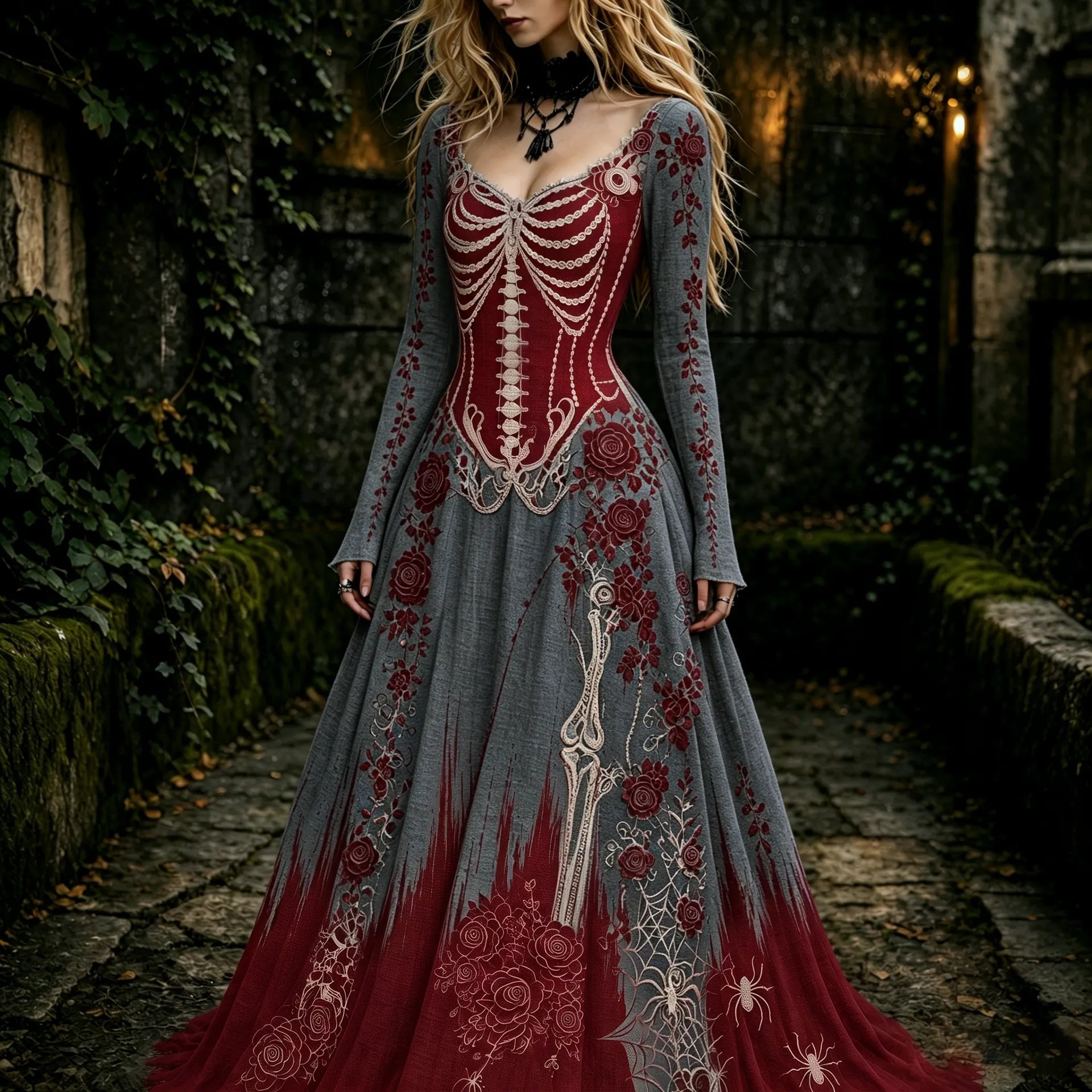 Women's Retro Gothic Skeleton And Rose Pattern Maxi Halloween Dress
