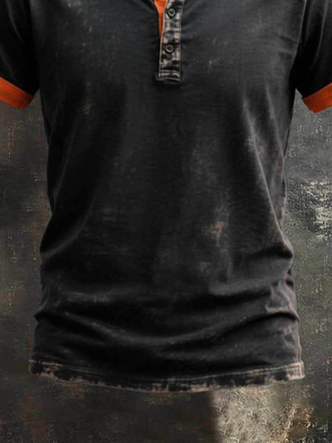 Men's Vintage Distressed Colorblock Casual Henley Short Sleeve T-Shirt