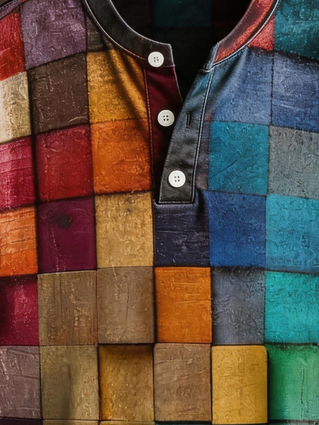 Men's Retro Color-Block Short-Sleeve Henley T-Shirt