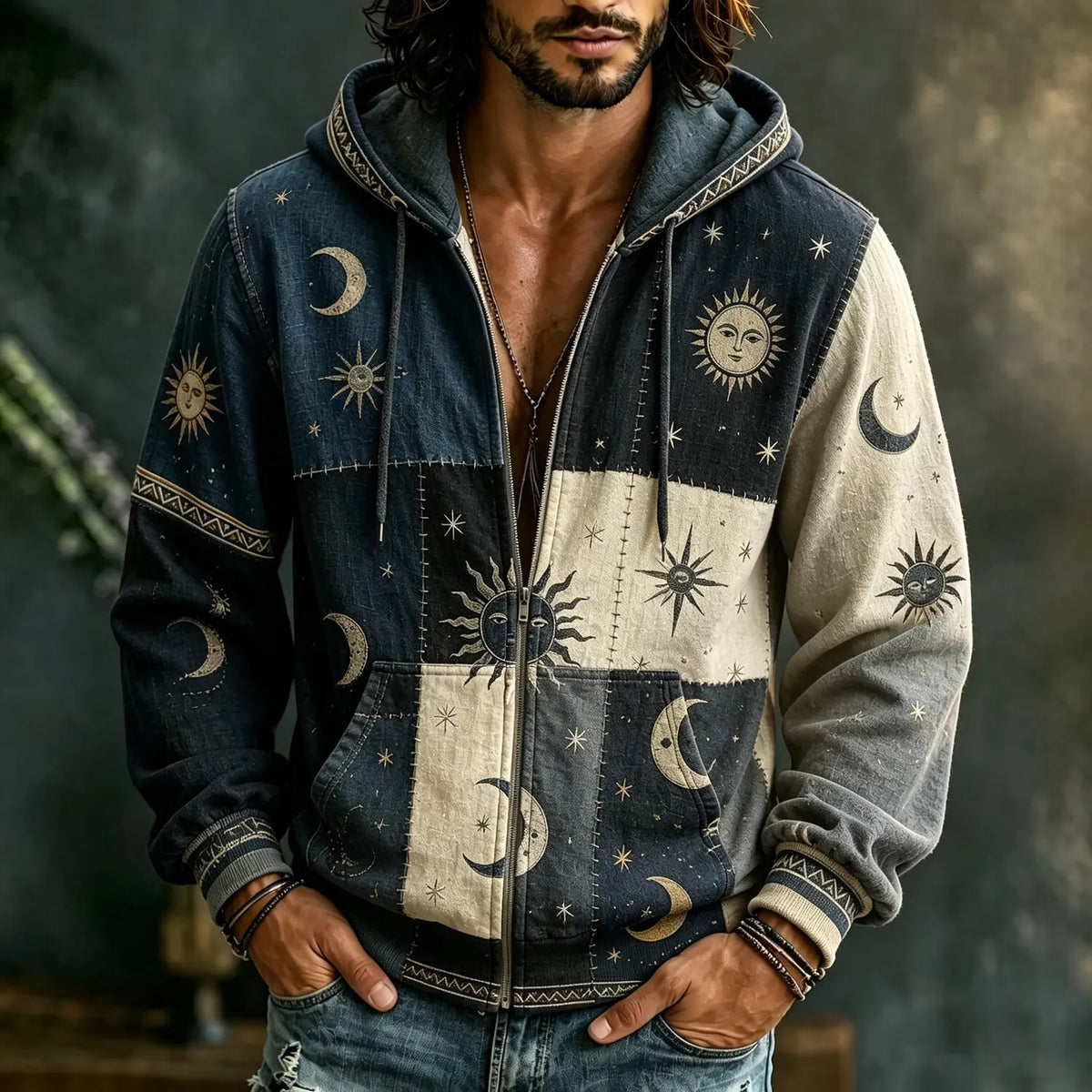 Men's Ethnic Patch Sun Moon Face Star Print Zipper Hoodies