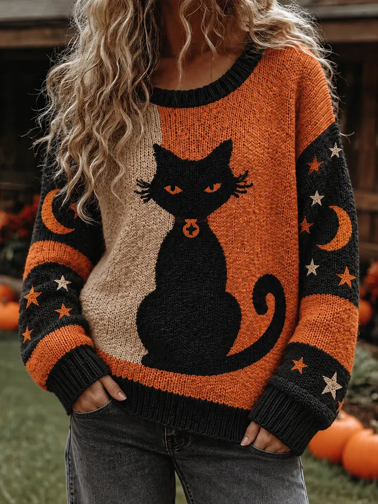 Women's Halloween Pumpkin Cat Print Knitted Comfort Round Neck Sweater
