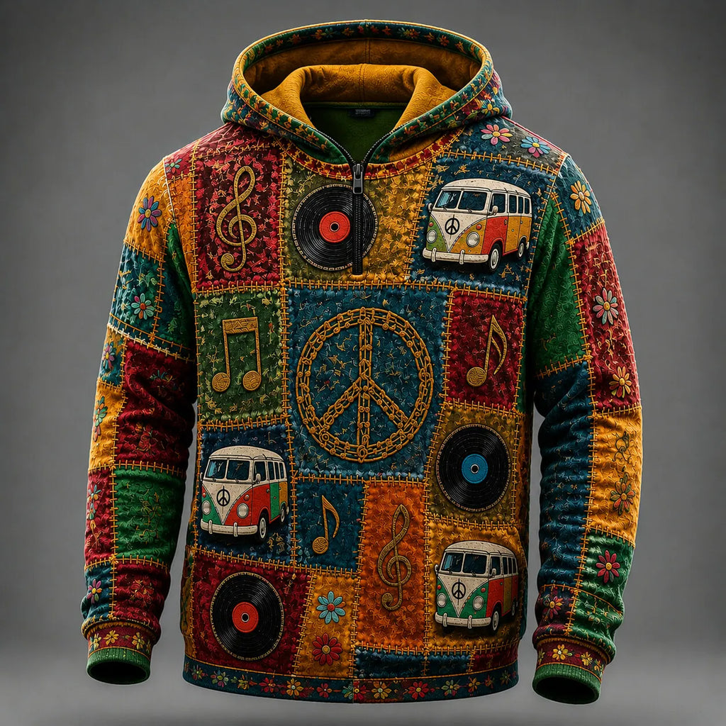 Men's Peace Van Vinyl Music Notes Patchwork Print Zipper Hoodies