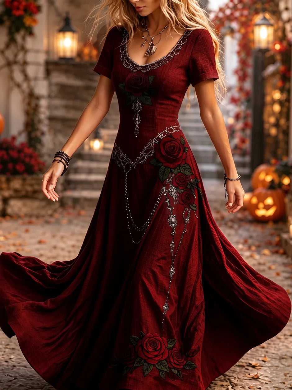 Women's Vintage Rose Art V-neck Short Sleeve Maxi Dress