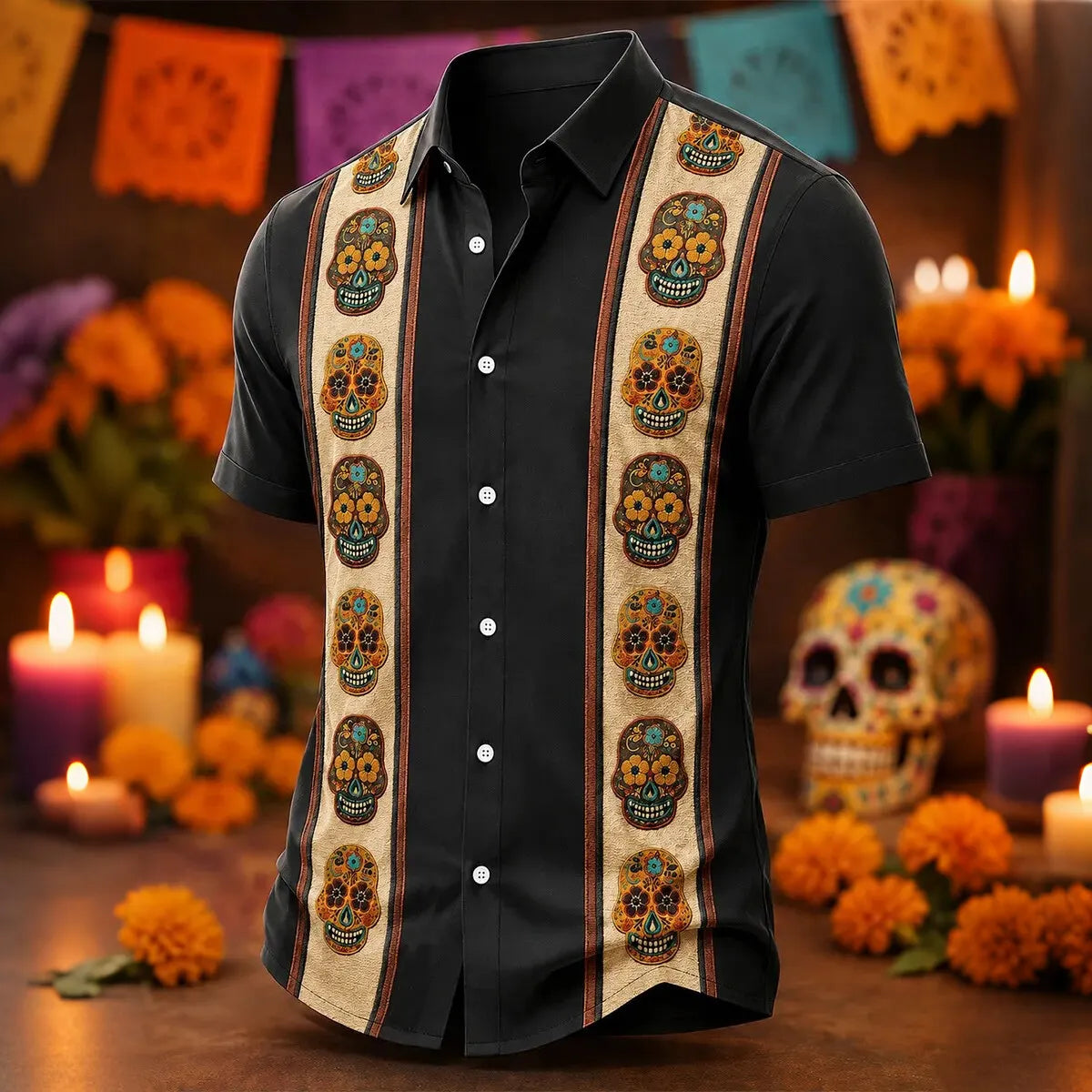 Men's Vertical Striped Sugar Skull Panels Day of the Dead Print Short Sleeve Buttons Shirt