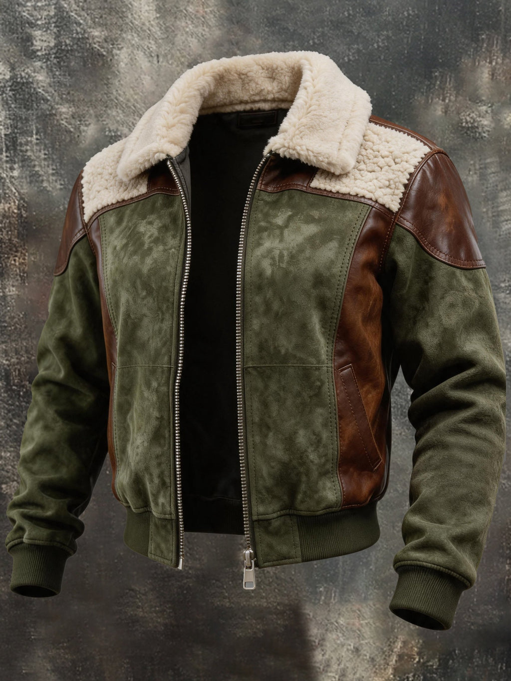 Men’s Vintage-Style Leather-Paneled Jacket with a Shearling Collar