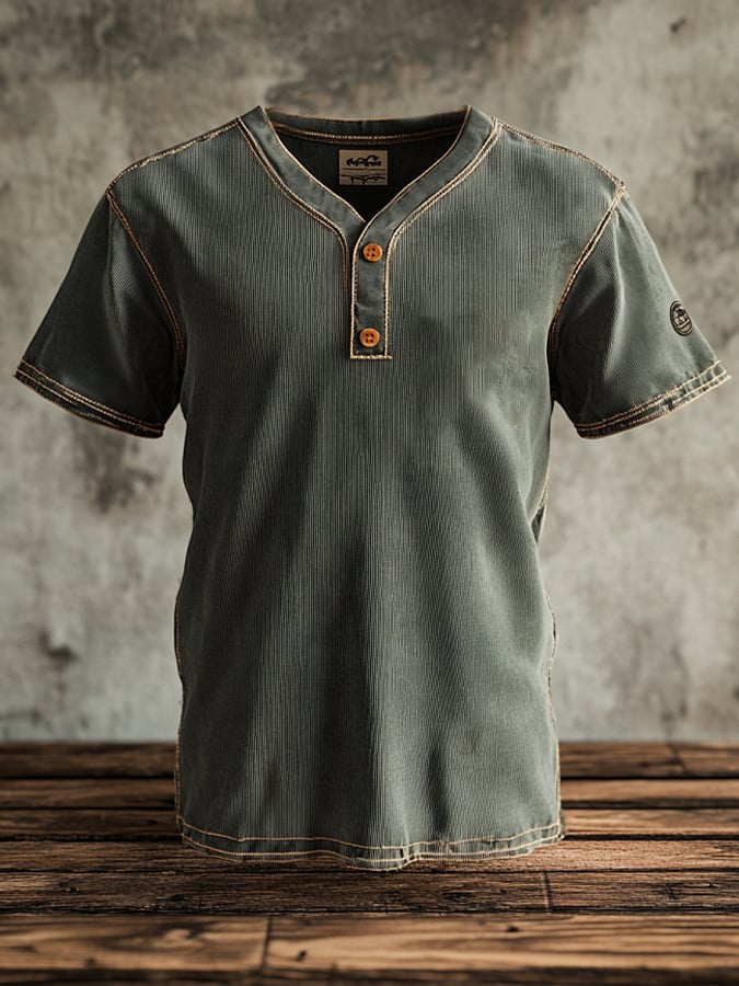 Men's V-neck retro striped elastic button-front short-sleeved T-shirt