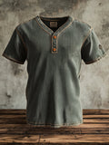 Men's V-neck retro striped elastic button-front short-sleeved T-shirt