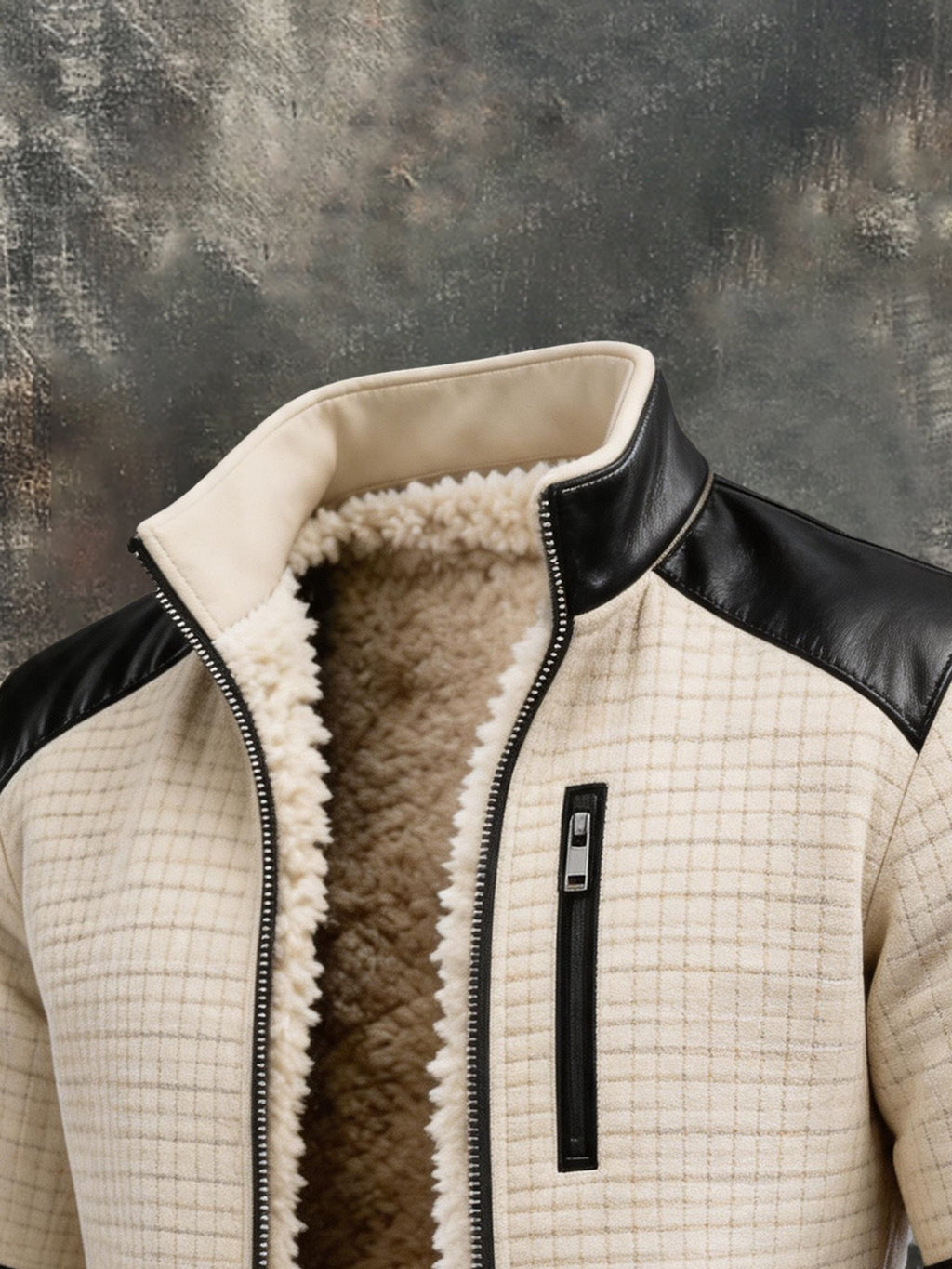 Men's Retro Faux Leather-Panelled Fleece-Lined Stand-Collar Jacket