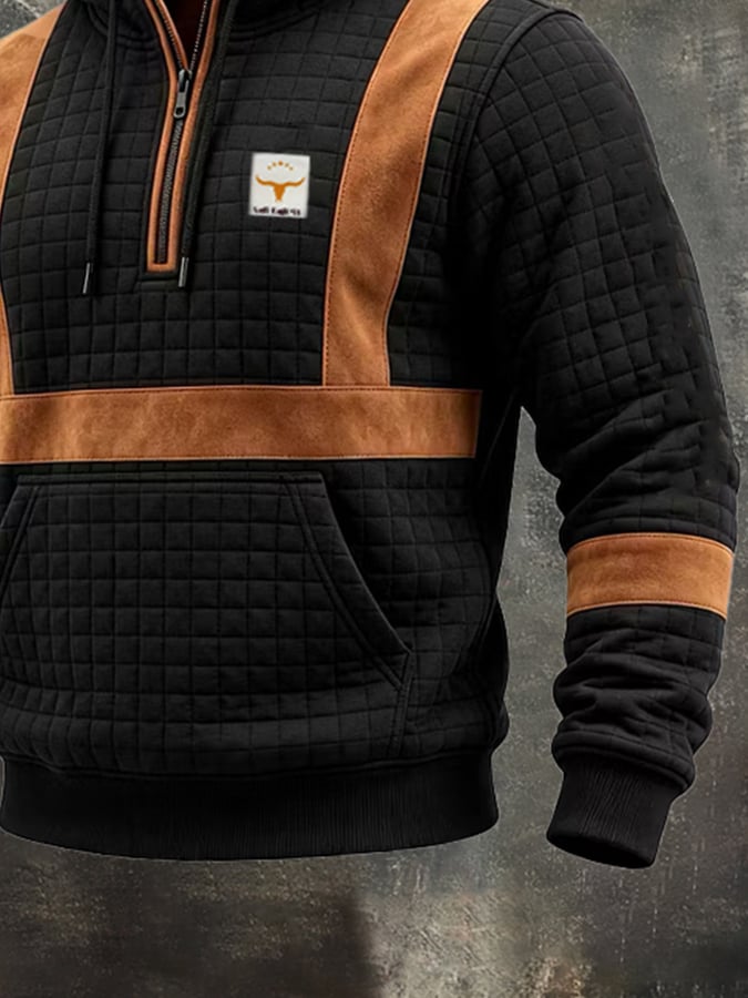 Men's Retro Textured Small-Check Suede-Panel Hoodie