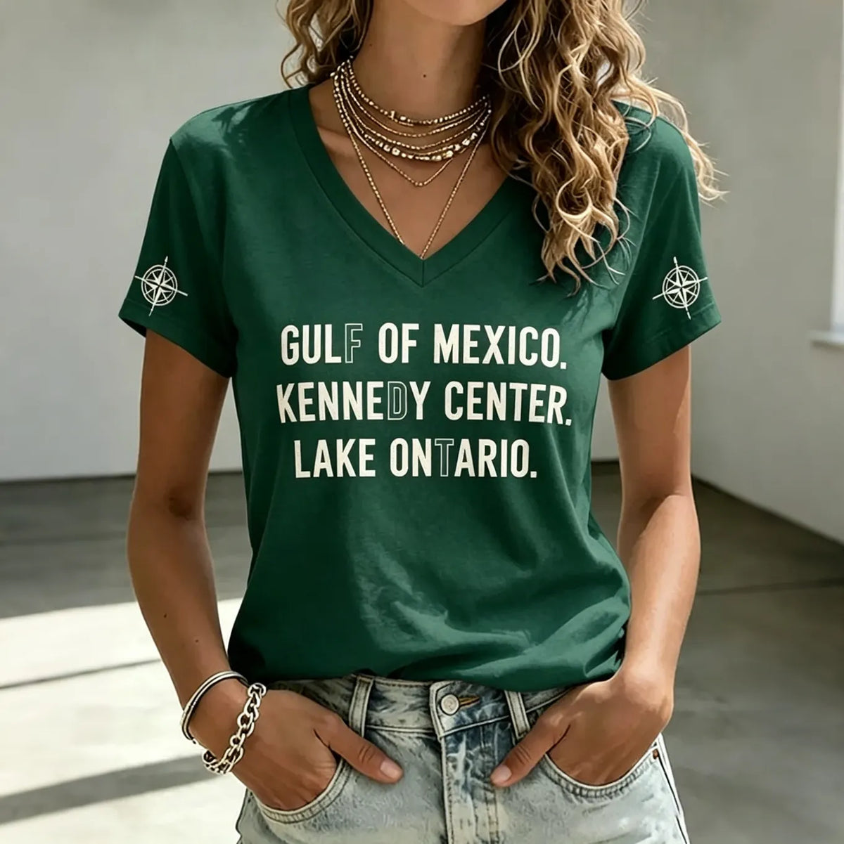 V Neck Retro Fdt Gulf Of Mexico. Kennedy Center. Lake Ontario. Print T-shirt
