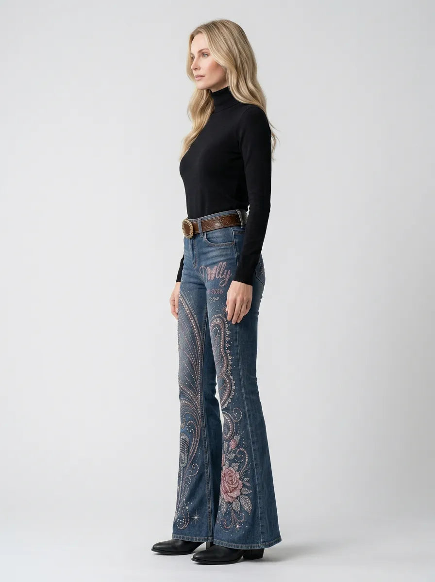 Women's Dolly Parton Butterfly Rose Microphone Printed Flare Jeans