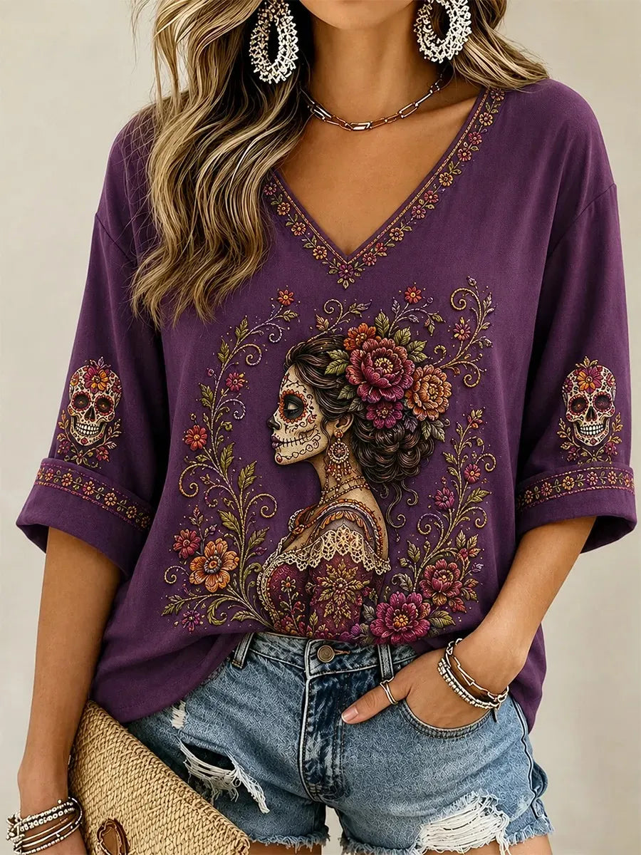 Women's Day Of The Dead Side Profile Skull Floral Print 3/4 Sleeve V-Neck T-Shirt