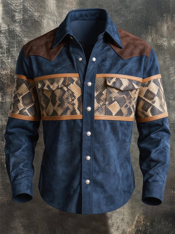 Men's Vintage-Style Western Shirt with Faux Suede Paneling and Python Print