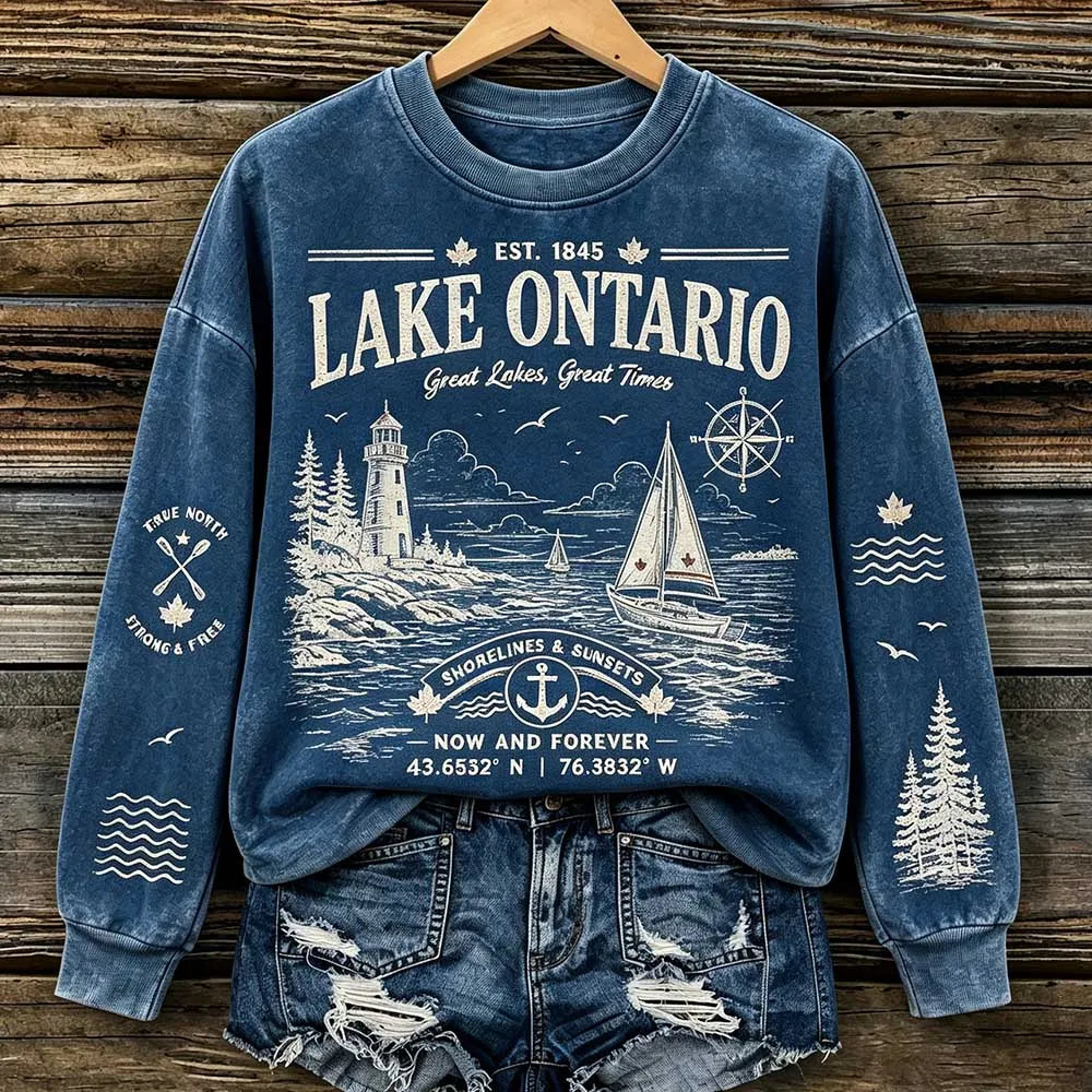 Women's Lake Ontario Graphic Crewneck Sweatshirt - Vintage Lighthouse & Sailboat Print