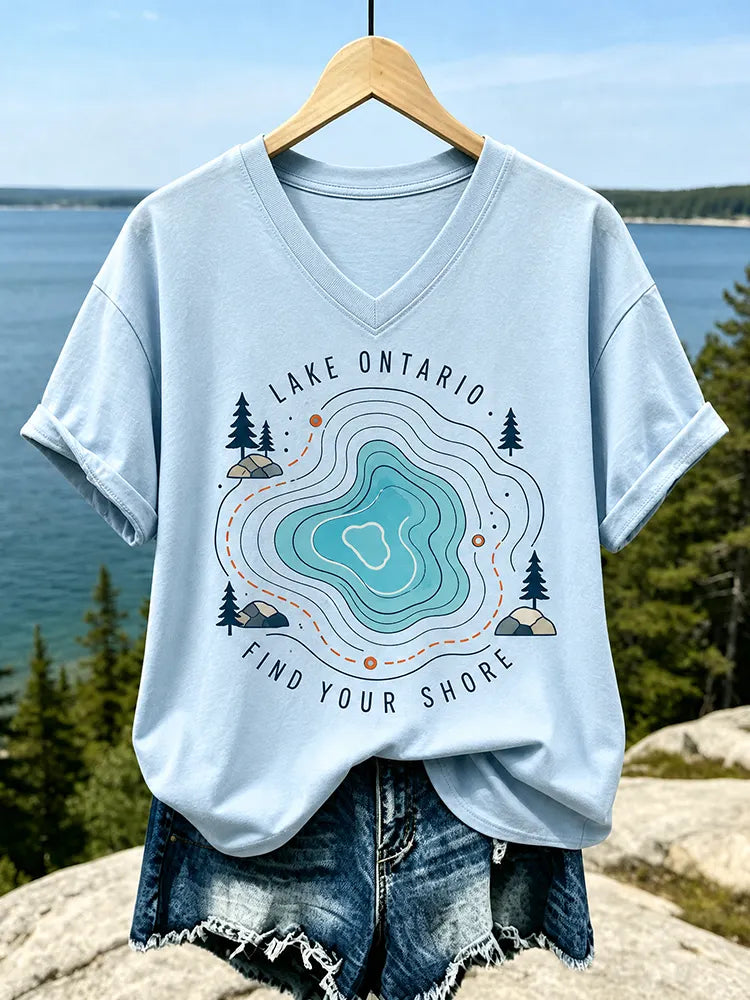 Women's Casual V-neck T-shirt In Light Blue With Lake Ontario Topographic Map And "find Your Shore" Print