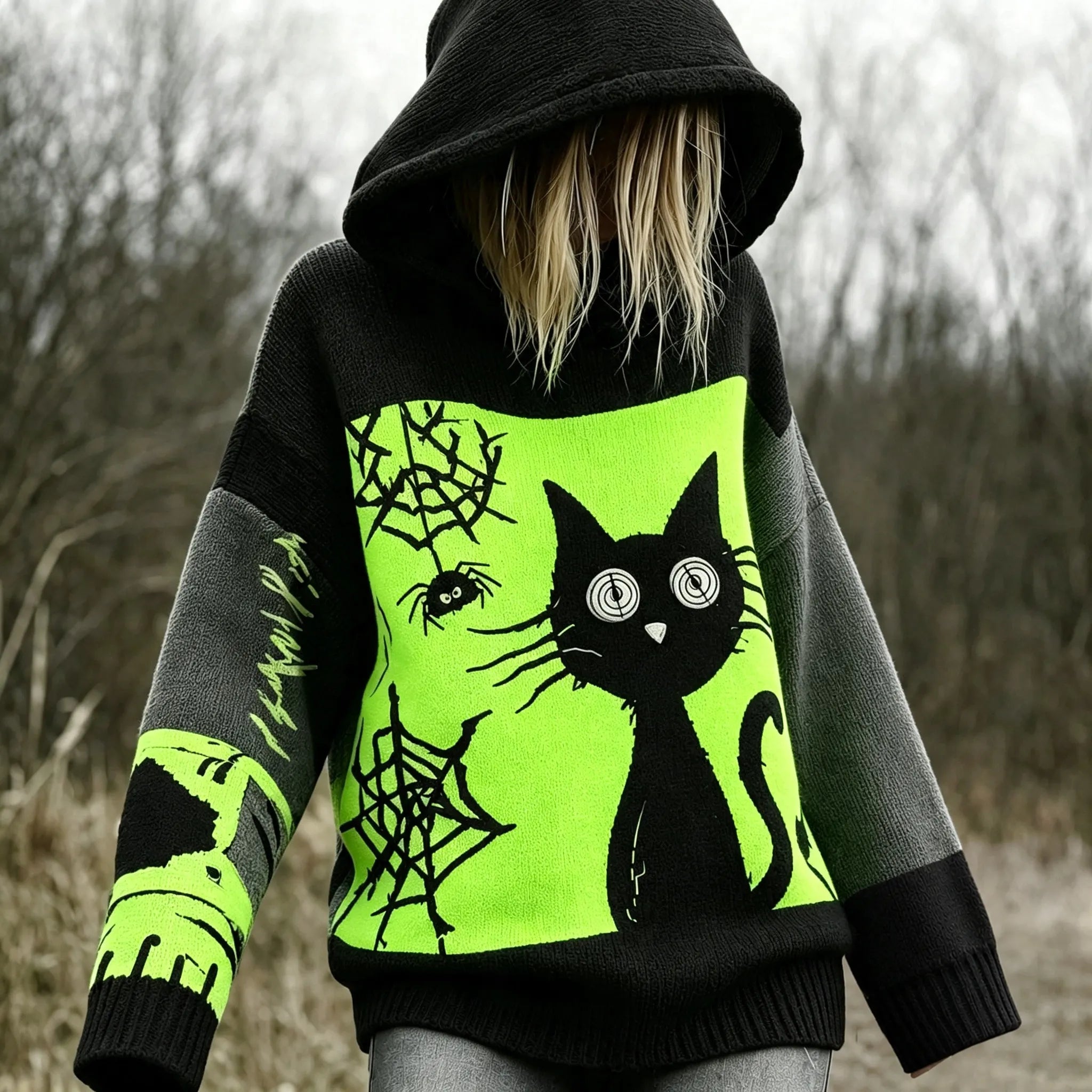 Halloween Scared Black Cat Patchwork Stitched Cozy Knit Hooded