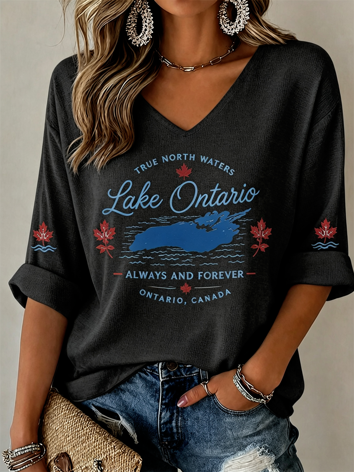 Women's Lake Ontario Always And Forever Half Sleeve V-neck T-shirt