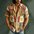 Men's Color Tile Sun Mushroom Art Print Short Sleeve Buttons Shirt