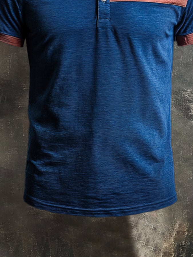 Men's casual retro wash colorblock short sleeve Henley T-shirt