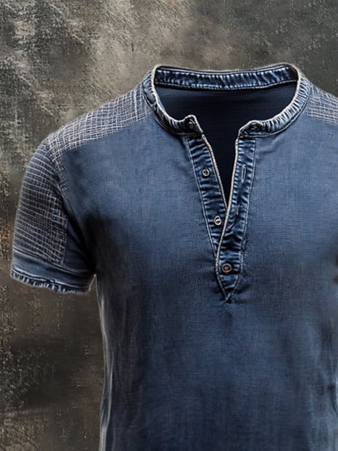 Men's casual retro color block Henley T-shirt