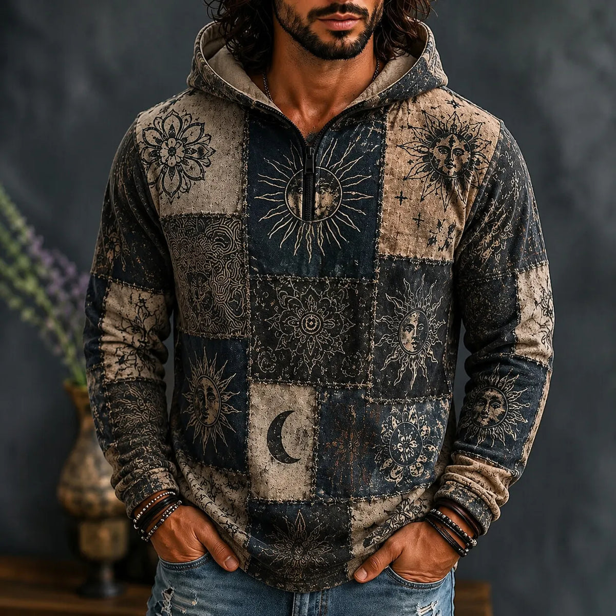 Men's Sun Moon Mandala Patchwork Print Zipper Hoodies
