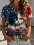 Women'S Casual Patriotic Cat Printed Short Sleeved T-Shirt
