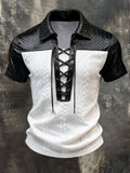Men'S Retro Color-Block Short-Sleeve T-Shirt With Contrast Leather Paneling And Lace-Up Detail