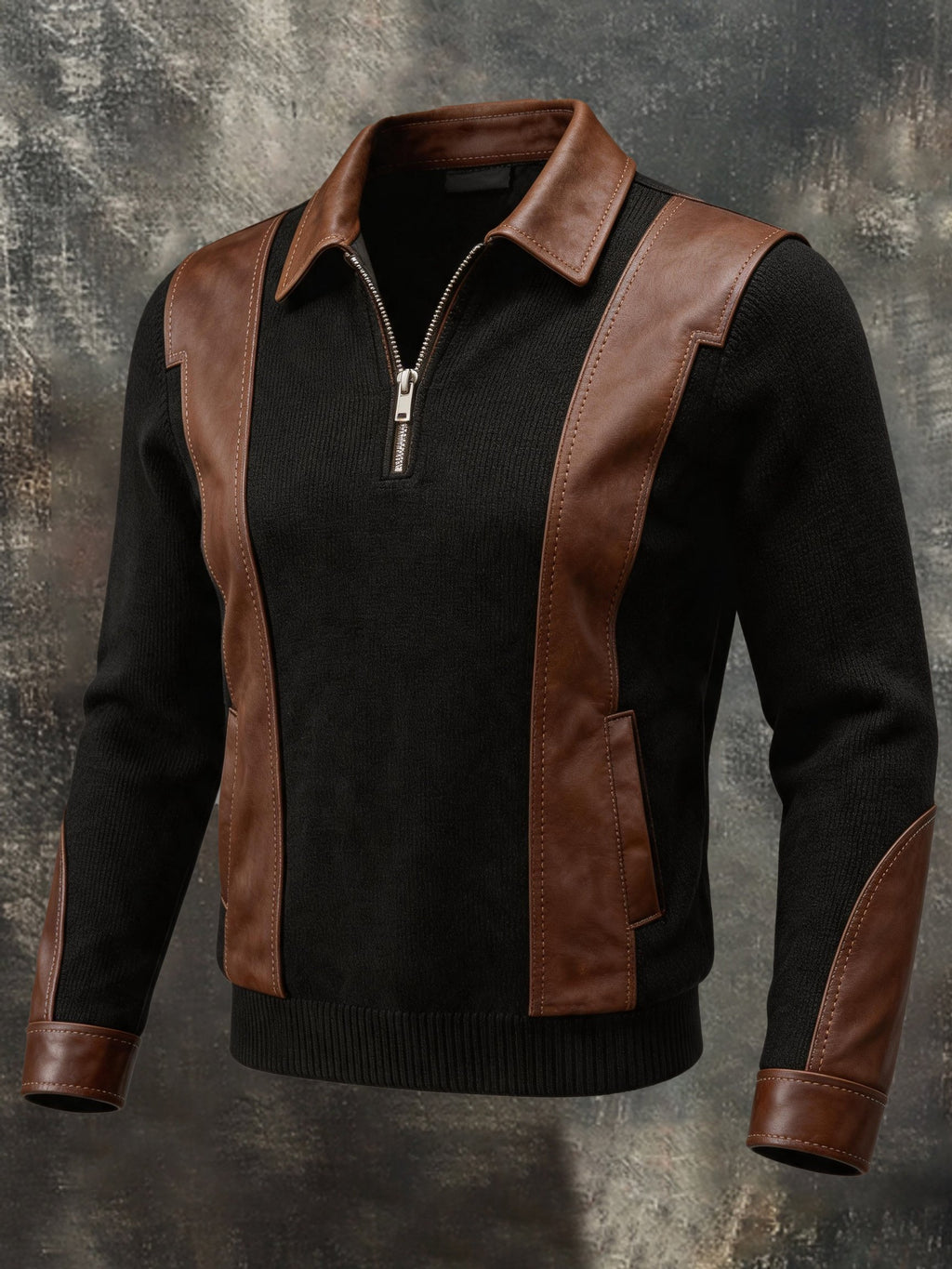Men's Retro Leather-Panel Quarter-Zip Sweatshirt