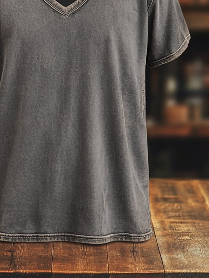 Men's Vintage Distressed Washed Enzyme Washed V-Neck Short Sleeve T-Shirt