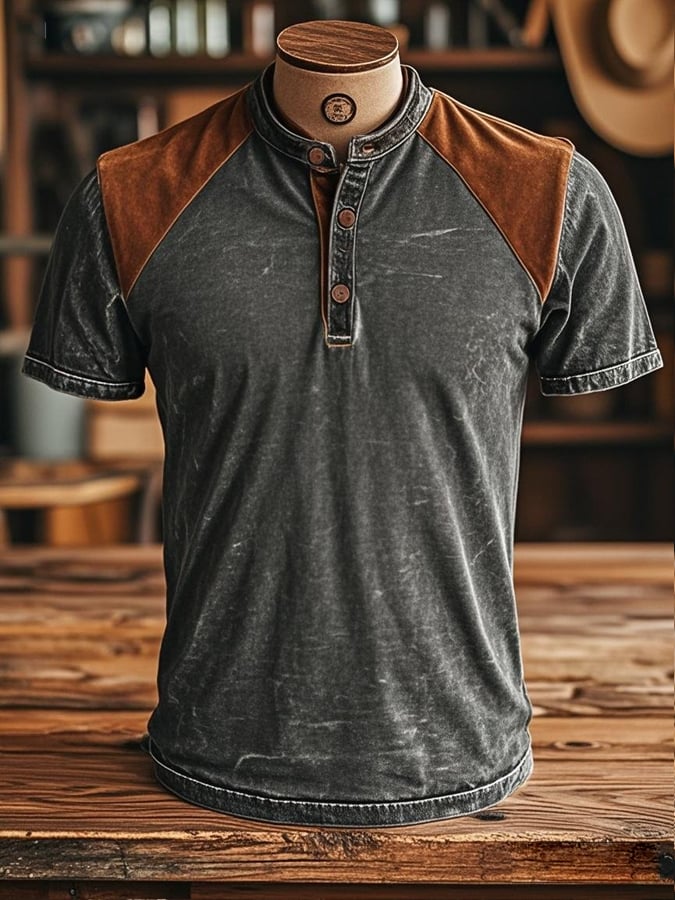 Men's vintage distressed suede short sleeve Henley T-shirt