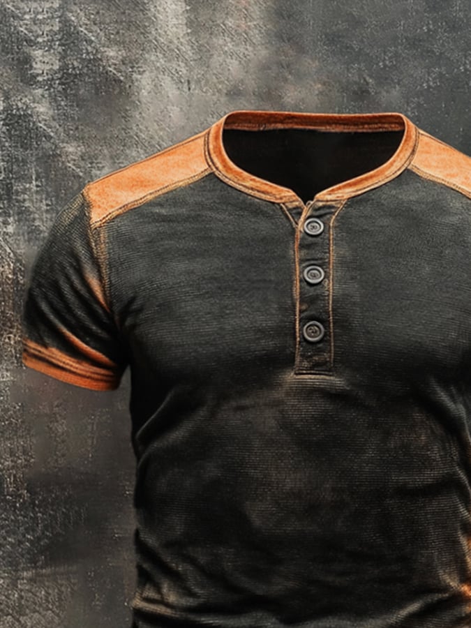 Men's Retro Washed Colorblock Casual Henley Short Sleeve T-Shirt