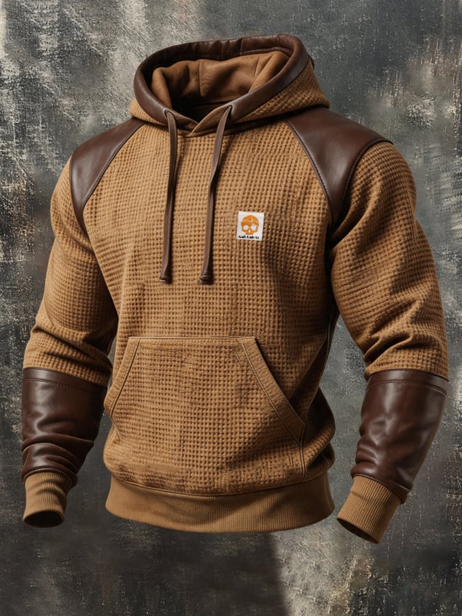 Men'S Retro Color-Block Hooded Sweatshirt With Waffle-Knit And Leather Paneling