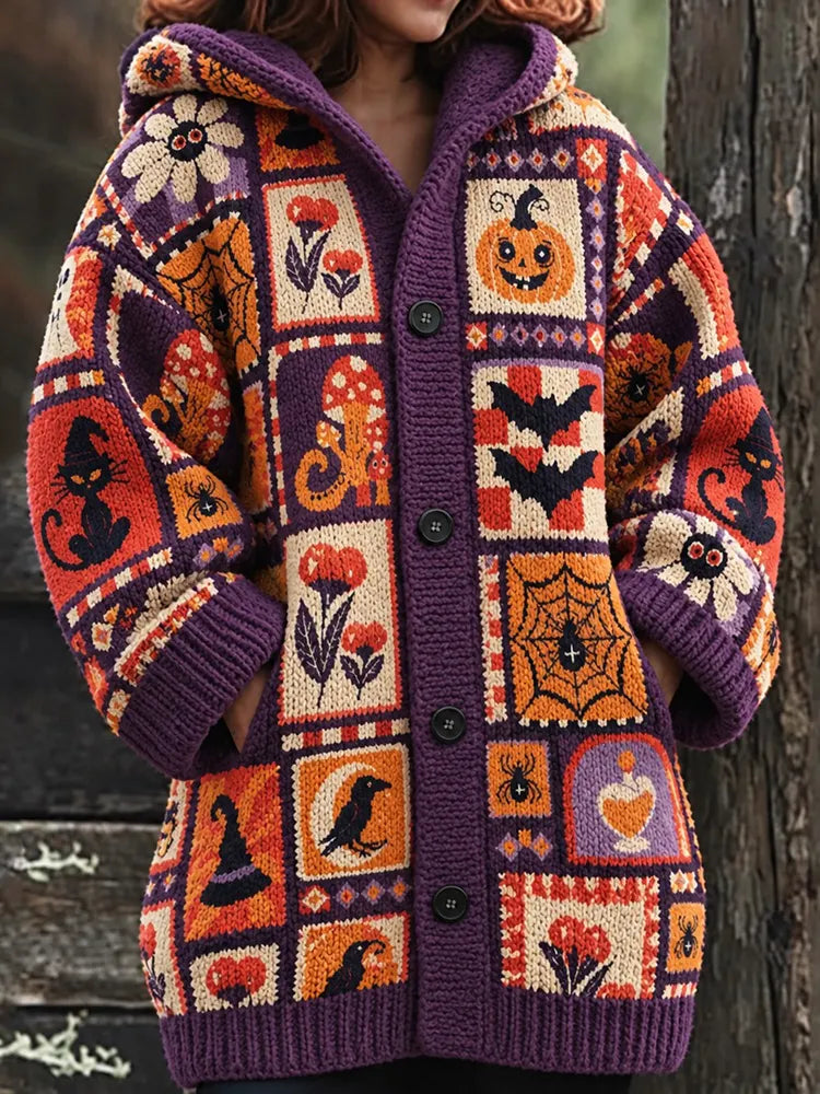 Women's Halloween Black Cat Raven And Pumpkin Jacquard Knit Cardigan