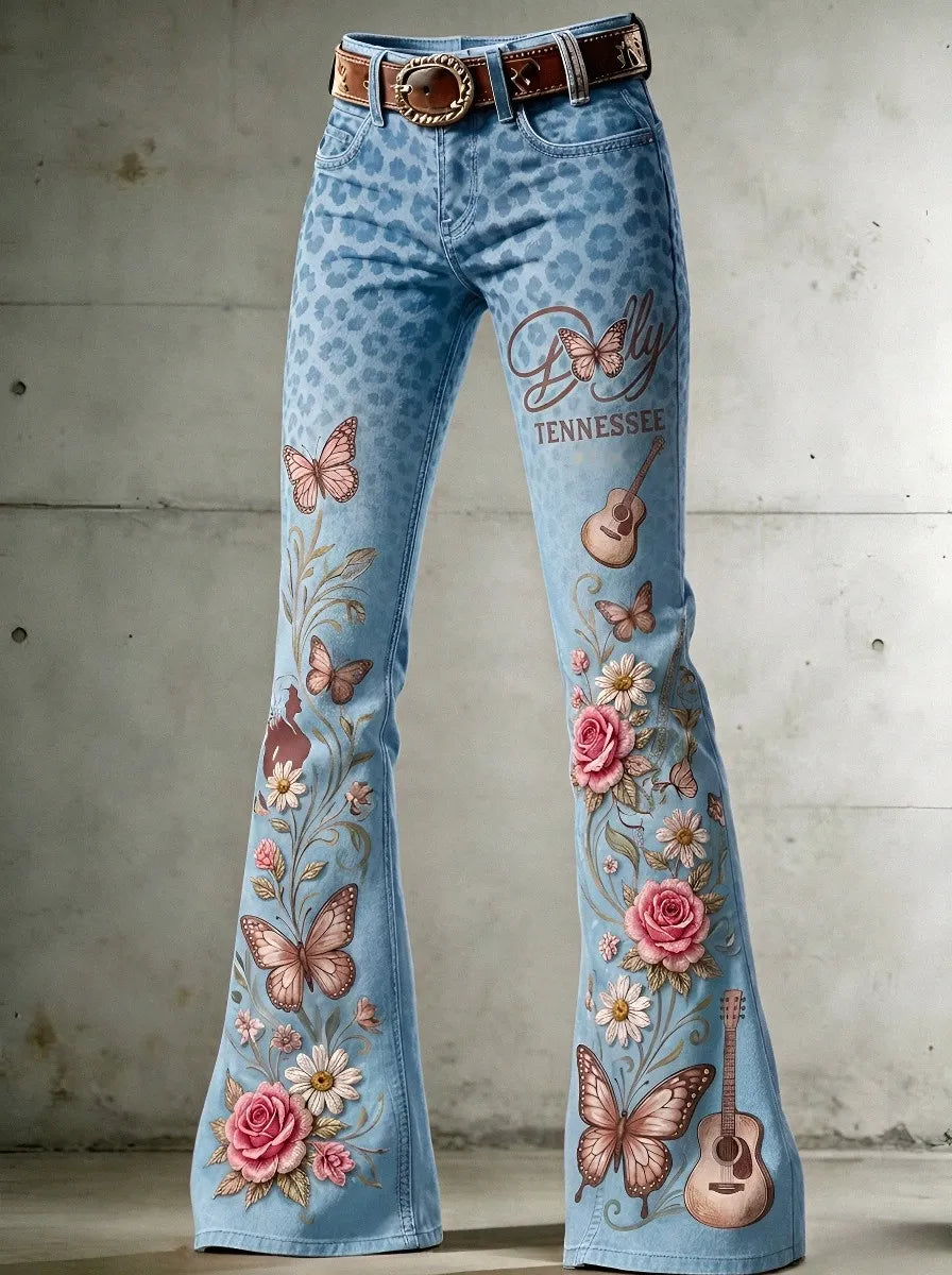 Women's Dolly Parton Tennessee 9to5 Butterfly Rose Guitar Printed Flare Pants