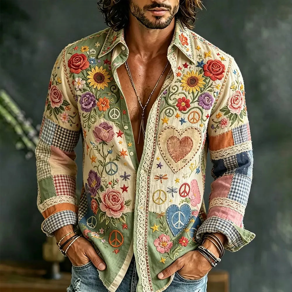 Men's Vintage Multi Floral Heart Print Shirt
