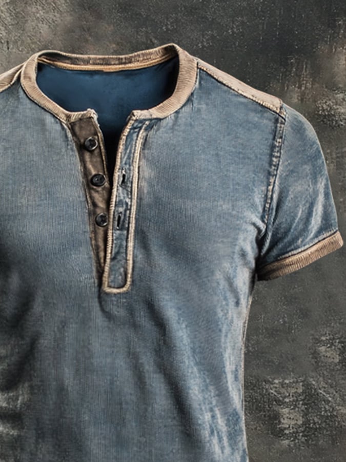 Men'S Retro Colorblock Casual Henley Short Sleeve Top1