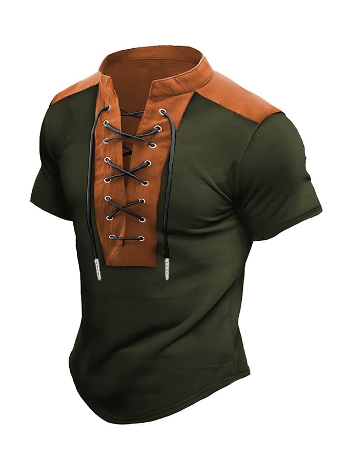 Men's Color Block Drawstring Short Sleeve T-Shirt